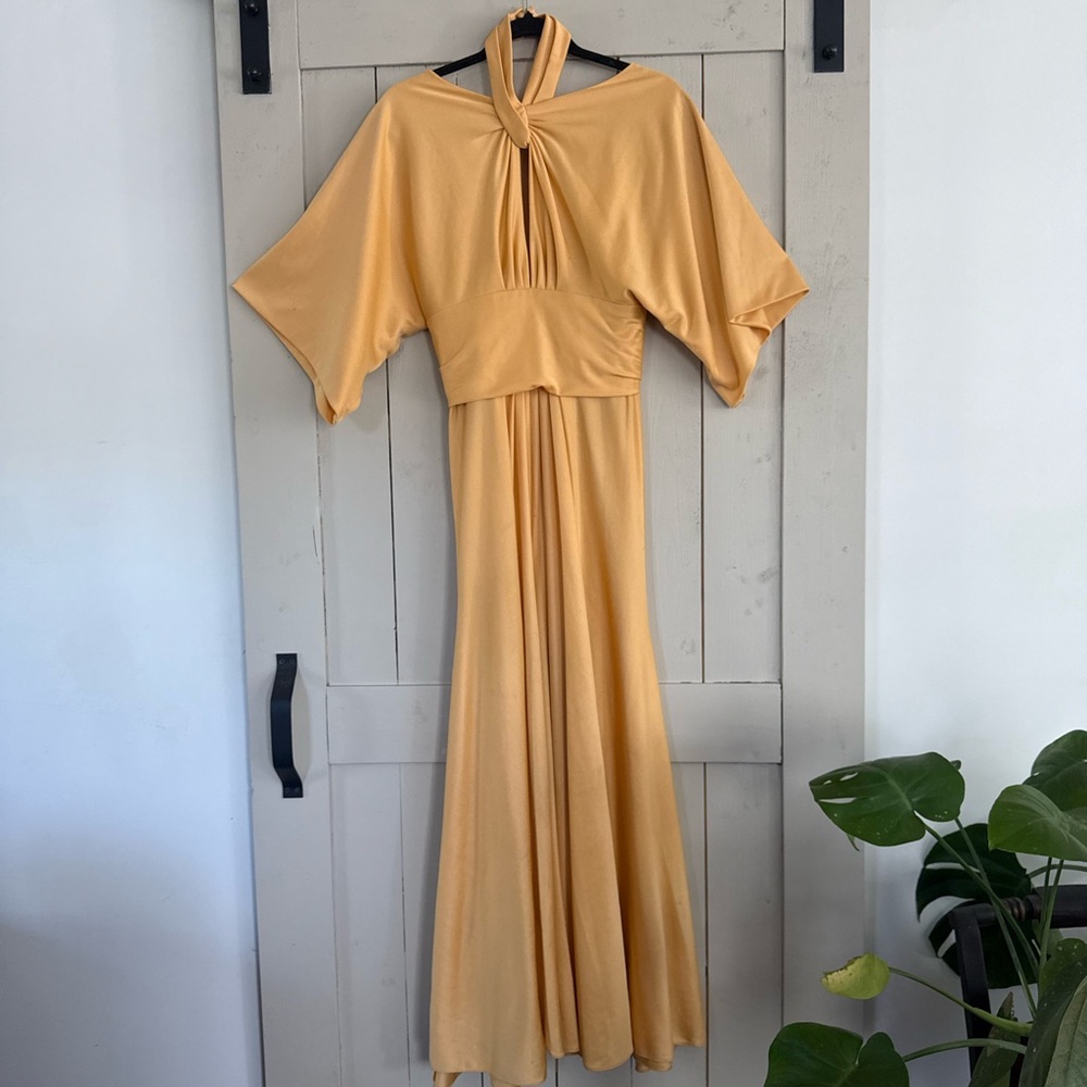 Vintage Twist-Neck Mustard Maxi Dress with Dolman Sleeves